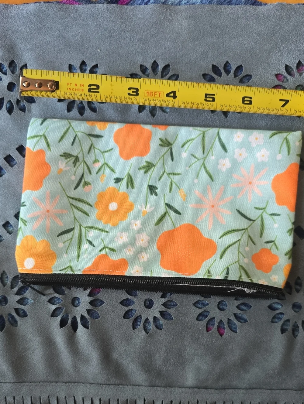 Floral Zip Pouch in Mint with Orange Poppy Flowers